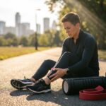 Runner pausing on a park path holding their shin in mild pain with shoes, foam roller, and resistance band nearby