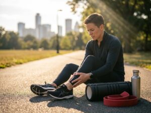 Runner pausing on a park path holding their shin in mild pain with shoes, foam roller, and resistance band nearby