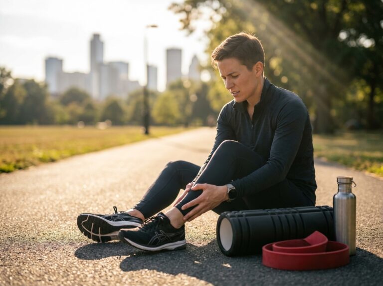 Runner pausing on a park path holding their shin in mild pain with shoes, foam roller, and resistance band nearby