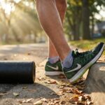 Runner stretching calf and foot on a sunlit street with foam roller and shoes nearby highlighting plantar fasciitis care
