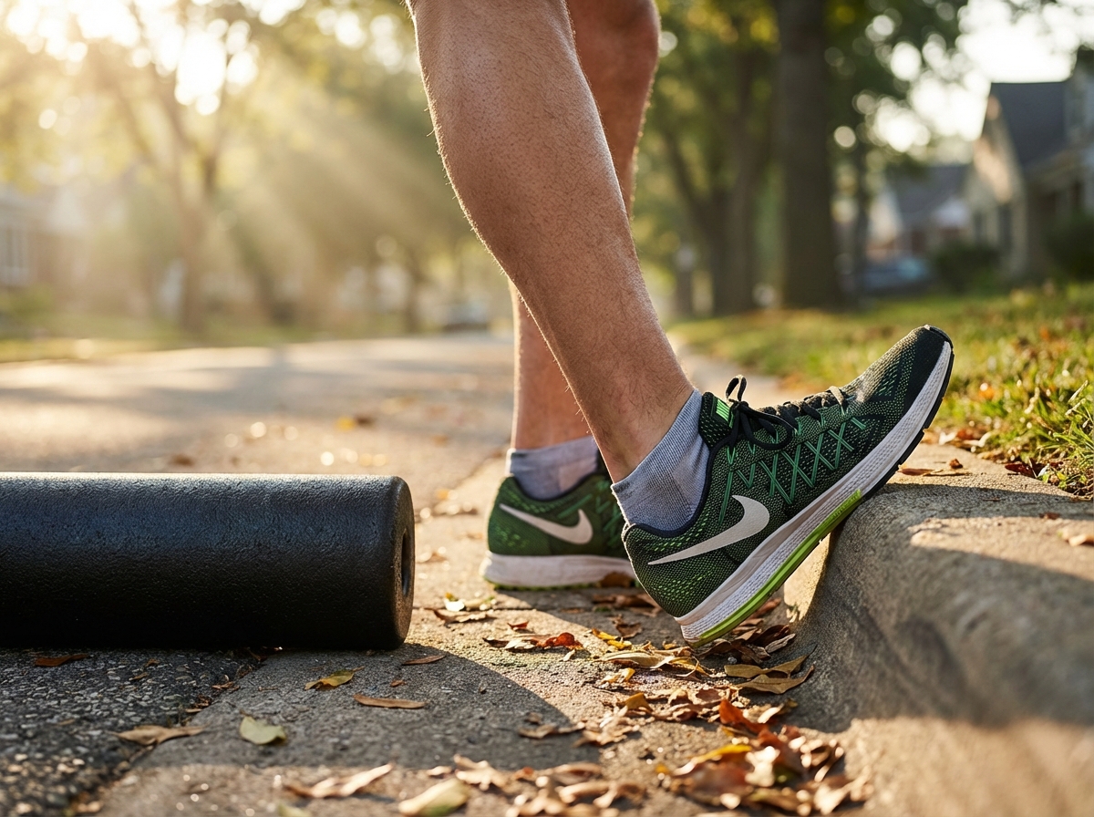 Runner stretching calf and foot on a sunlit street with foam roller and shoes nearby highlighting plantar fasciitis care