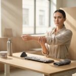 Office worker at ergonomic desk doing a wrist stretch with keyboard, mouse, and resistance putty visible