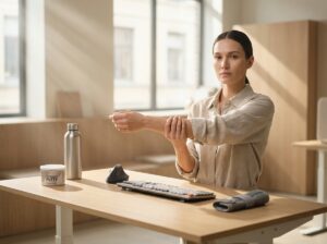 Office worker at ergonomic desk doing a wrist stretch with keyboard, mouse, and resistance putty visible