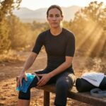 Everyday athlete applying an ice pack to a slightly swollen knee with a moist hot pack and stretching gear nearby, set outdoors in warm late-afternoon light