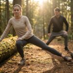 Runner on a sunlit trail stretching the outer thigh near the lateral knee with a foam roller and coach in the background demonstrating hip activation