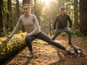 Runner on a sunlit trail stretching the outer thigh near the lateral knee with a foam roller and coach in the background demonstrating hip activation