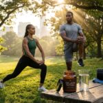 Runner and weightlifter stretching together outdoors with collagen supplement pouch and mobility props on a bench, warm natural light
