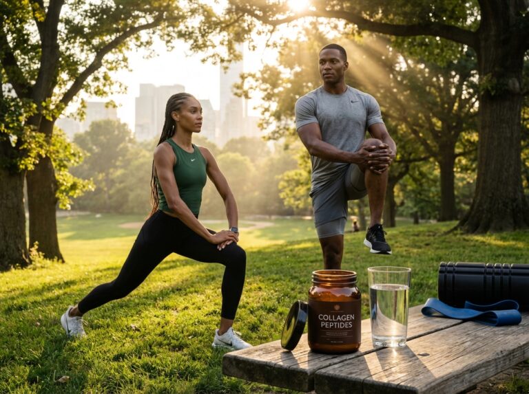 Runner and weightlifter stretching together outdoors with collagen supplement pouch and mobility props on a bench, warm natural light