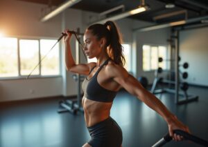 Everyday athlete performing banded shoulder external rotation with coach in gym demonstrating safe mobility and scapular control