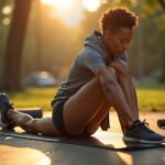 Everyday athlete performing a supine figure four piriformis stretch on a yoga mat outdoors with foam roller and running shoes nearby