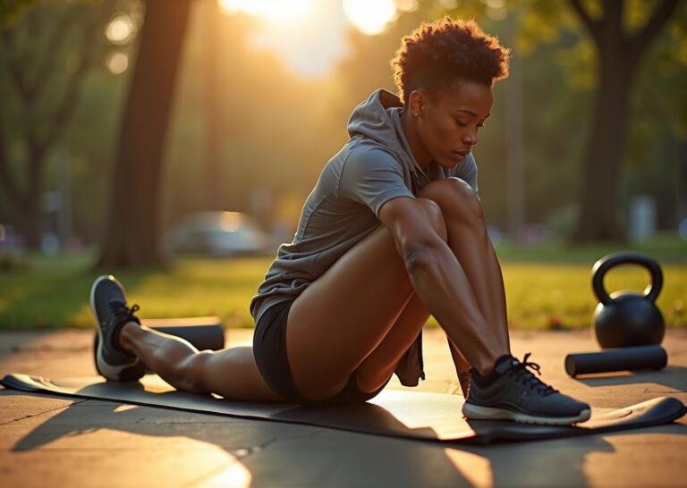Everyday athlete performing a supine figure four piriformis stretch on a yoga mat outdoors with foam roller and running shoes nearby