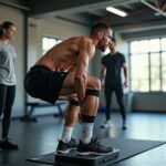Athlete performing a single-leg decline squat on a 15° board under a physical therapist's guidance to rehab jumper's knee