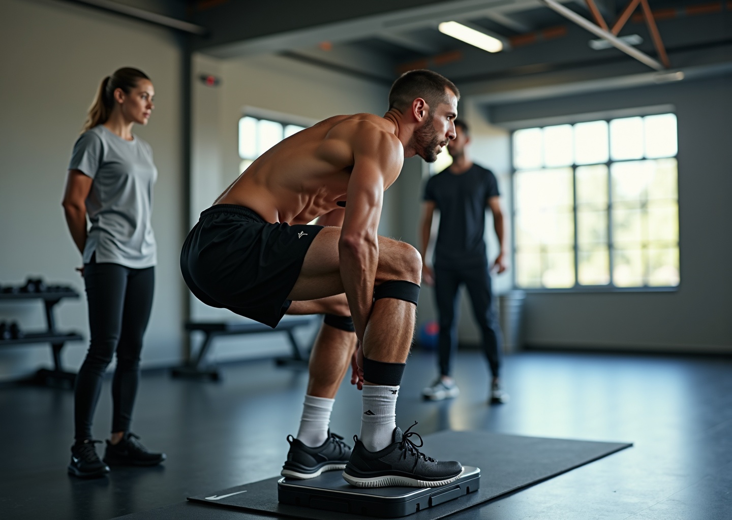 Athlete performing a single-leg decline squat on a 15° board under a physical therapist's guidance to rehab jumper's knee