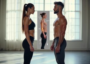 Side-by-side photos of two athletes demonstrating anterior and posterior pelvic tilt with anatomy landmarks and arrows indicating pelvic orientation