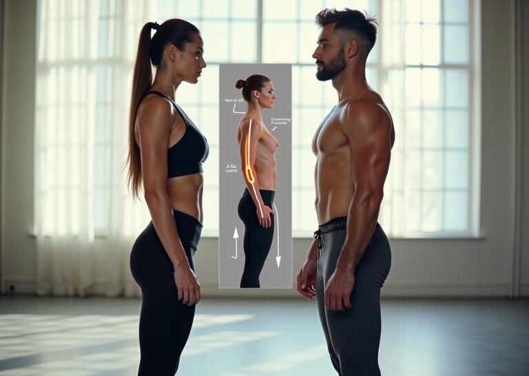 Side-by-side photos of two athletes demonstrating anterior and posterior pelvic tilt with anatomy landmarks and arrows indicating pelvic orientation