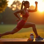 Everyday athlete stretching outdoors near bottle of curcumin capsules and turmeric root representing joint health and natural anti inflammatory support