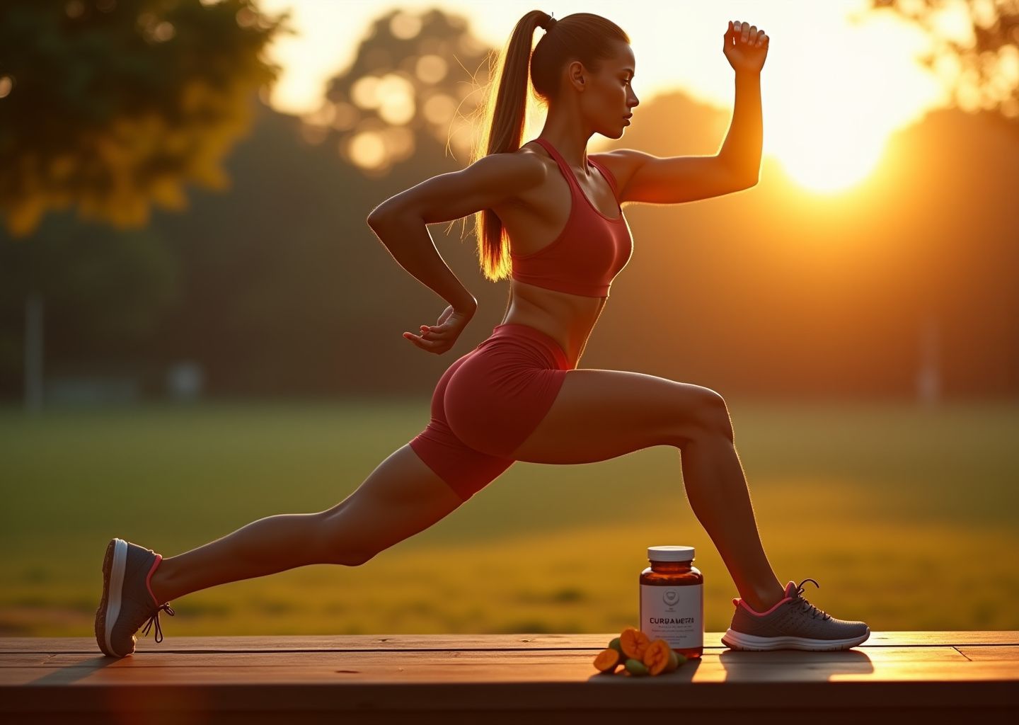 Everyday athlete stretching outdoors near bottle of curcumin capsules and turmeric root representing joint health and natural anti inflammatory support