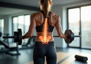 Side-by-side photo of an athlete before and after correcting anterior pelvic tilt showing reduced lumbar curve and improved pelvic alignment